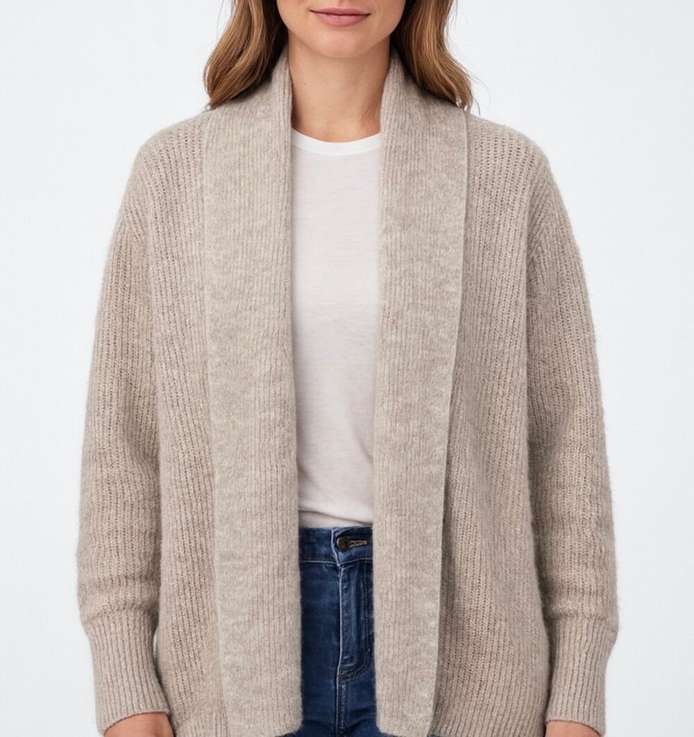 Rachel Parcell Chunky Knit Shawl Collar Open Cardigan Balloon Sleeve Sweater Tan